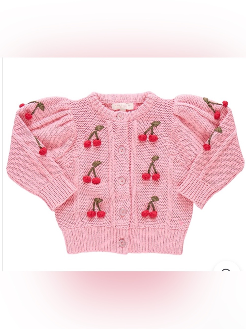 Pink Chicken Pink Cherry Embroidered Knit Cardigan, 3T